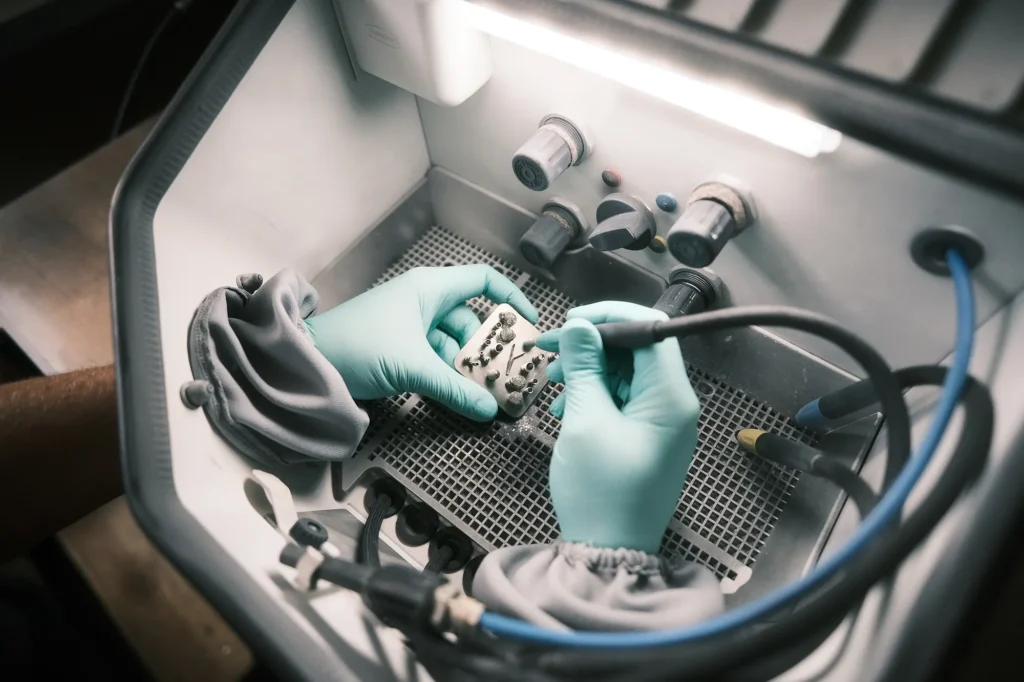 Mitarbeiter der 3D MicroPrint GmbH bearbeitet Bauteile in der Nachbearbeitung nach dem 3D-Metalldruck